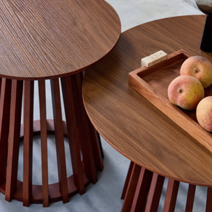Set de 2 tables basses rondes plateau effet bois noyer et pieds en bois de sapin. Ø40cm et Ø60cm