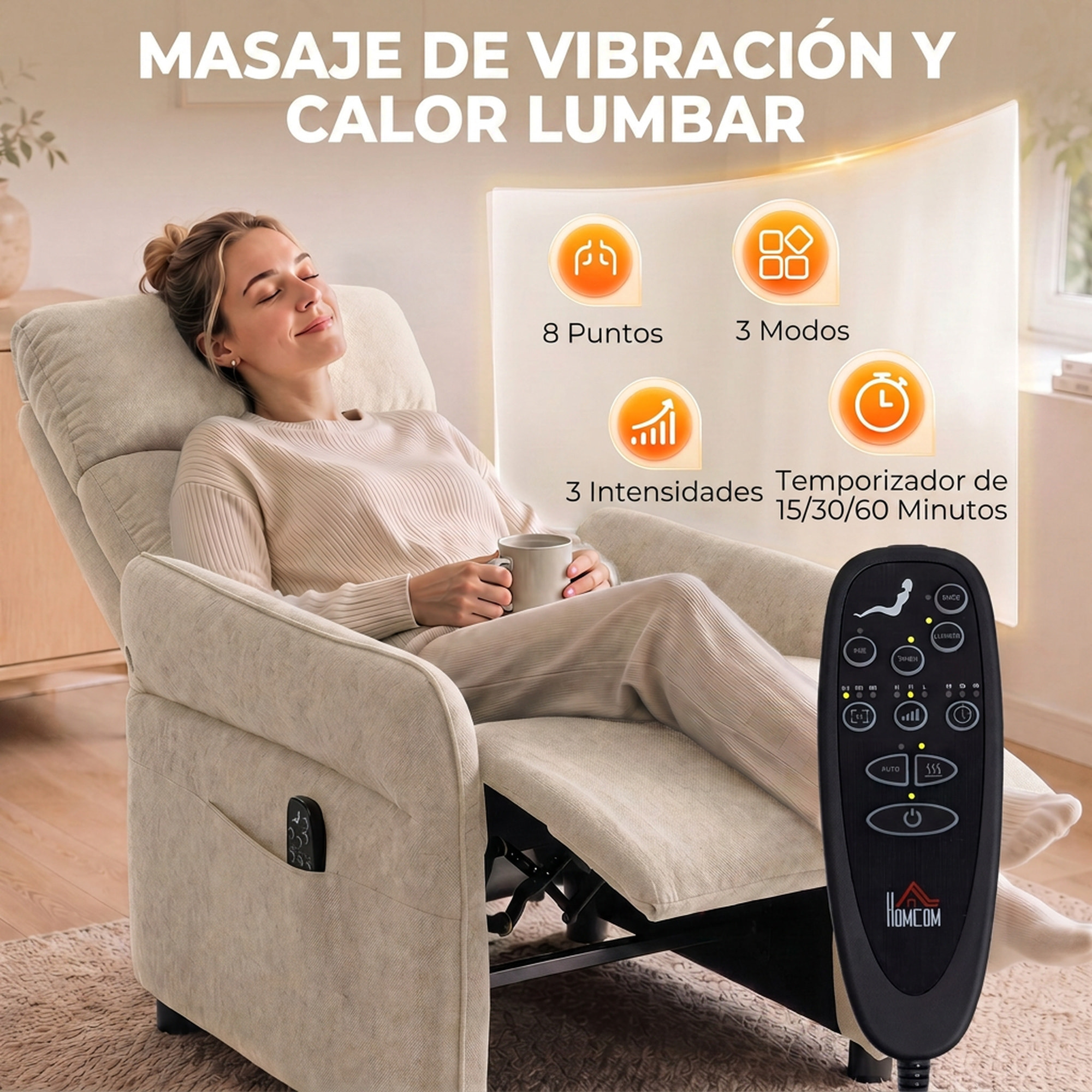 HOMCOM Sillón de Masaje, Sillón Relax Reclinable 135° Manual, Calor Lumbar, Mando a Distancia, Reposapiés, 8 Zonas de Masaje, Reposabrazos Ajustables, Asiento Muelles, Bolsillos, Tapizado Rizo, Beige
