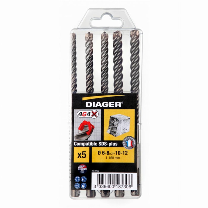 Coffret de 5 forets béton 4G4 attachement SDS+ lg 160 mm - DIAGER - 112Q