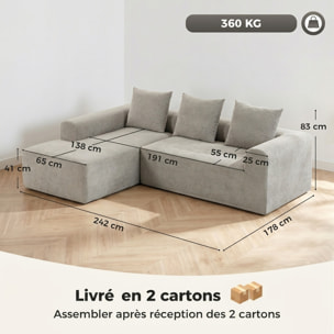 Canapé d'angle design arrondi 3 places larges accoudoirs 3 coussins tissu chenille gris clair