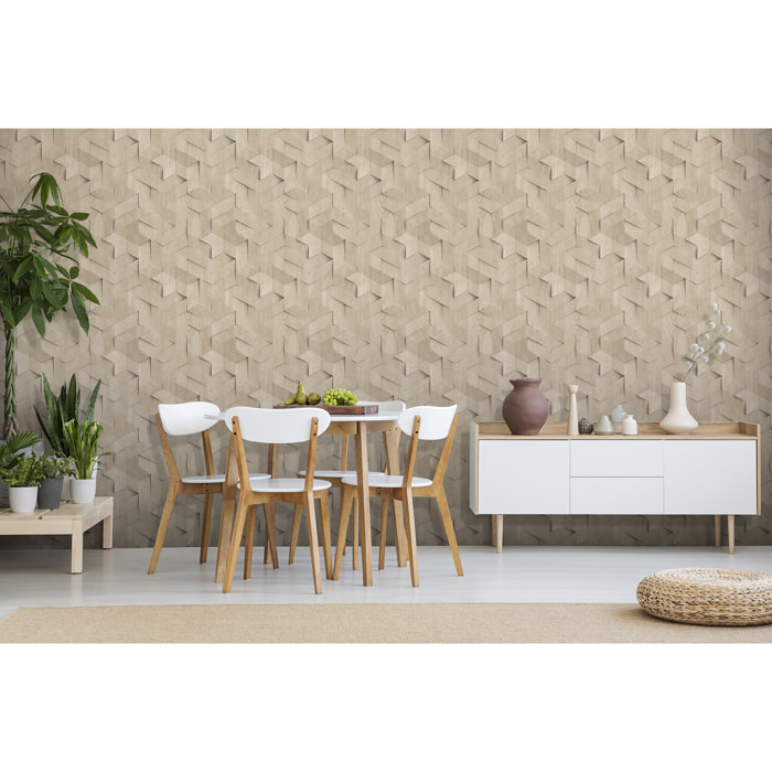 Papier peint géométrique 3D bois clair naturel