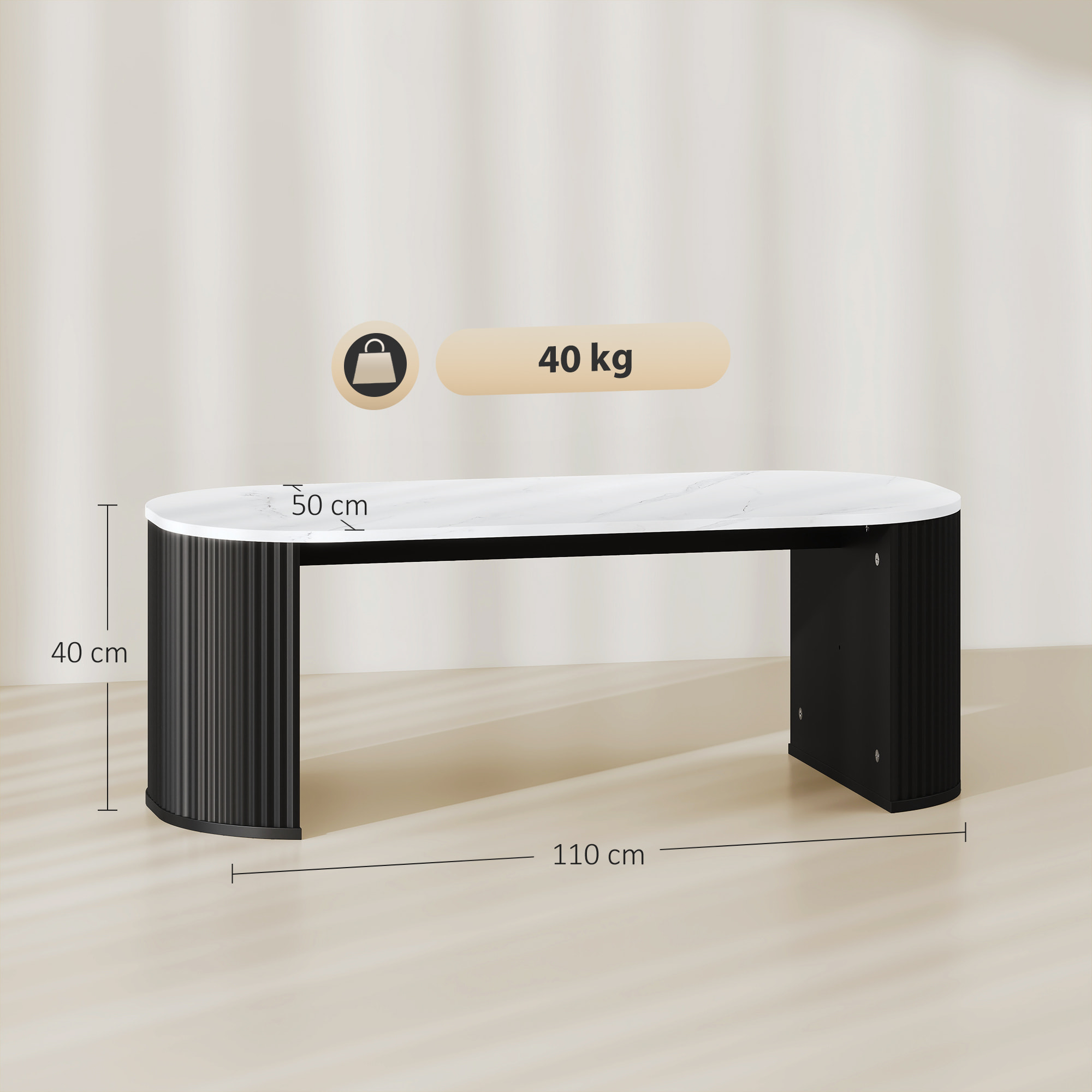 Table basse design ovale effet marbre blanc dim. 110 x 50 x 40 cm noir
