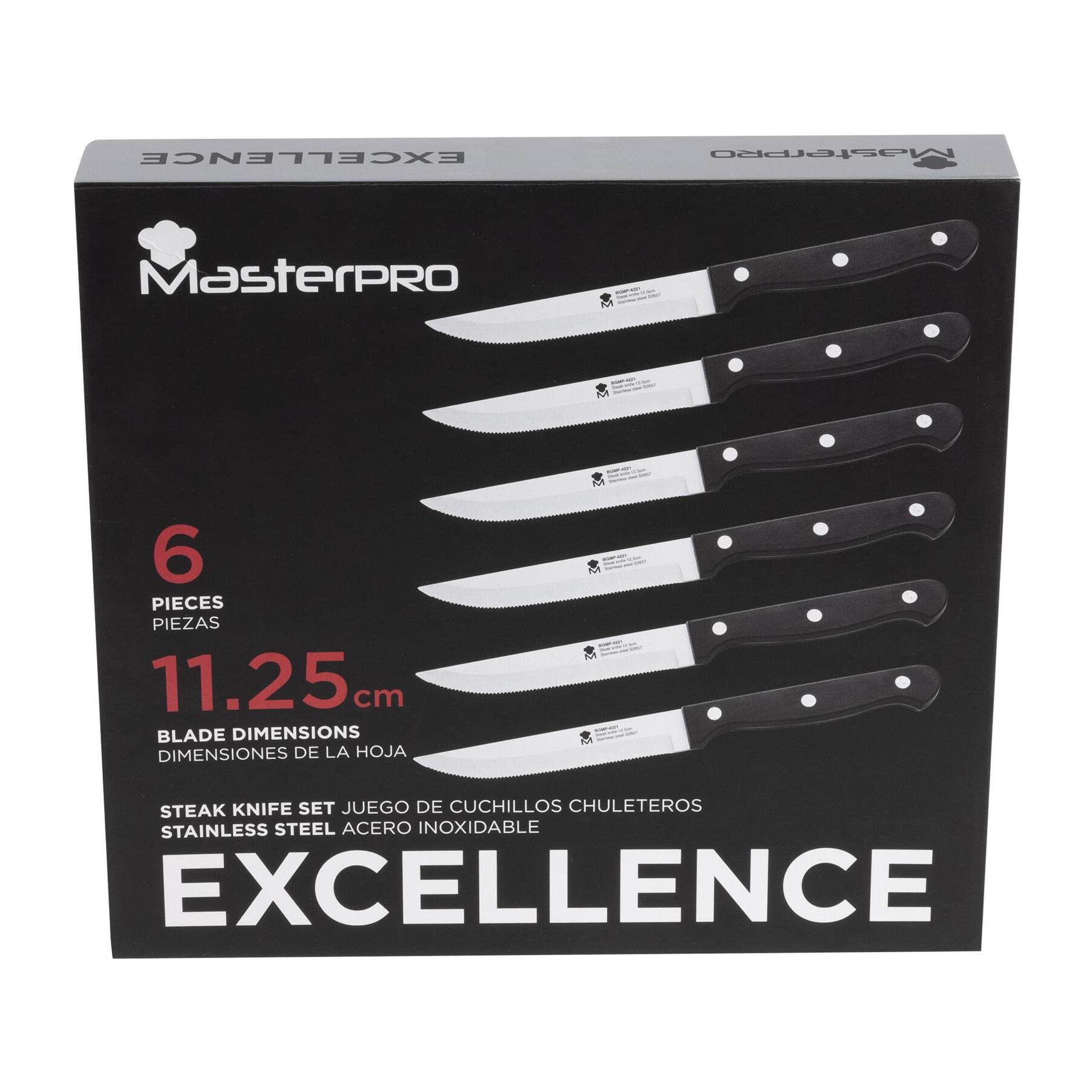 Juego de 6 cuchillos Chuleteros EXCELLENCE en acero inoxidable con hoja de 11,25cm de corte preciso y duradero MasterPRO