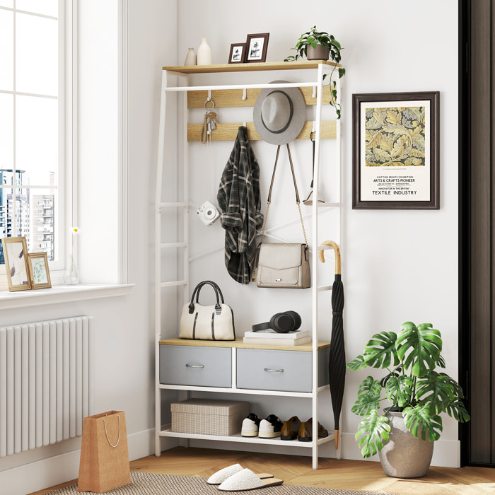Perchero Zapatero Perchero Entrada Recibidor con Zapatero 8 Ganchos 2 Cajones de Tela Barra Estante de Malla Estilo Industrial para Pasillo Dormitorio Salón 80x30x180,5 cm Natural
