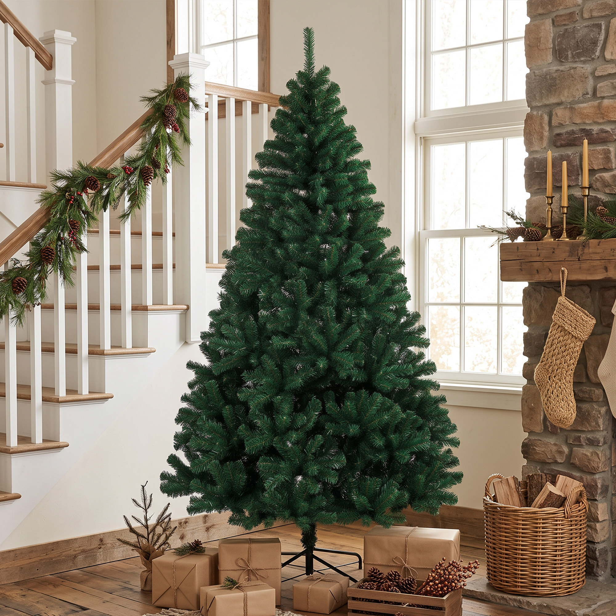 Árbol de Navidad Artificial de 230 cm, Árbol de Navidad de Abeto con Ramas Articuladas, 1300 Puntas de PVC Ignífugo, Montaje Rápido, Soporte de Acero Plegable, Verde