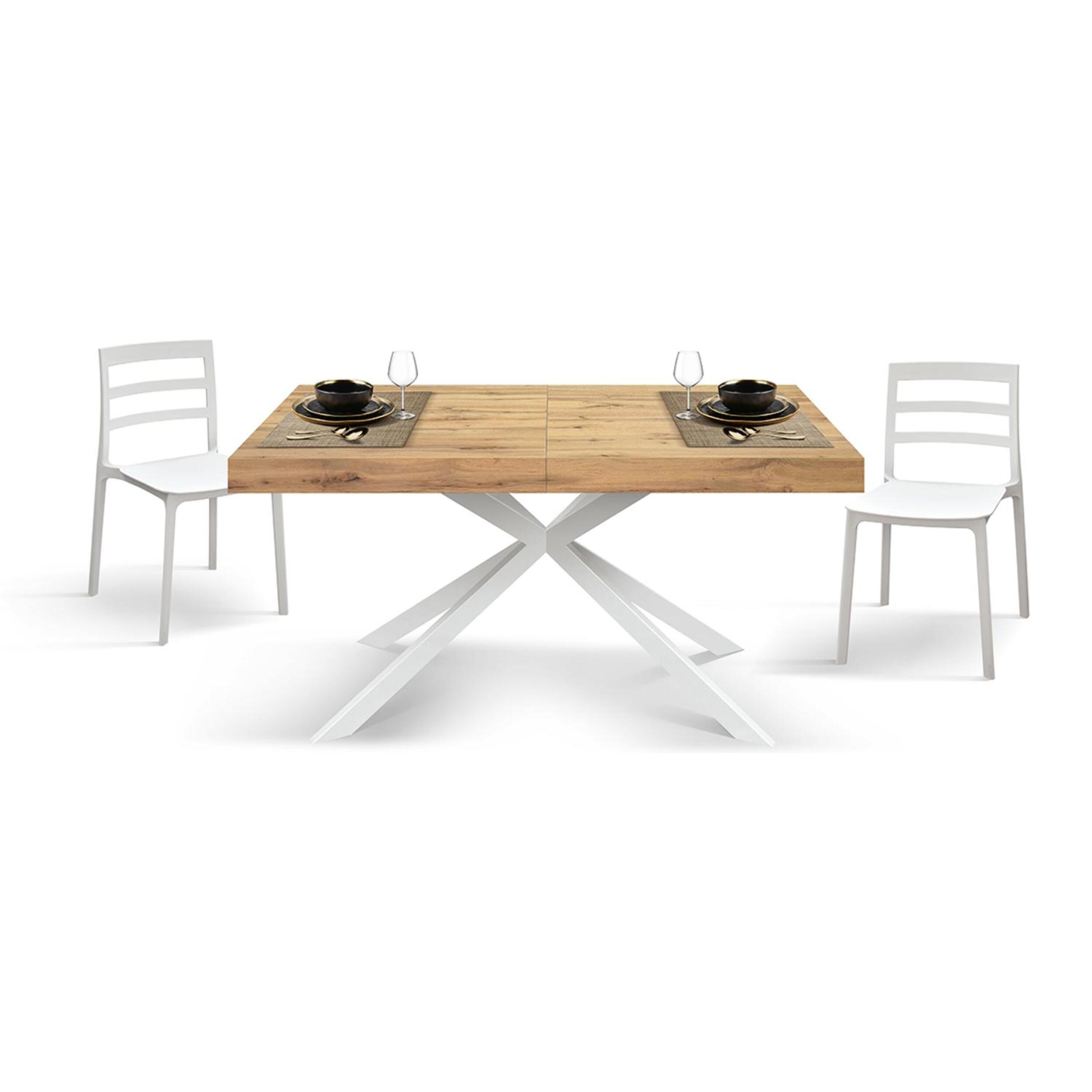Tavolo CAMAIORE in legno, finitura rovere rustico e base a X in metallo bianco, allungabile 180×90 cm – 260×90 cm