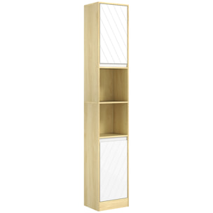 Colonne meuble salle de bain style cosy H.170 cm 2 portes étagère 2 niches effet bois clair blanc