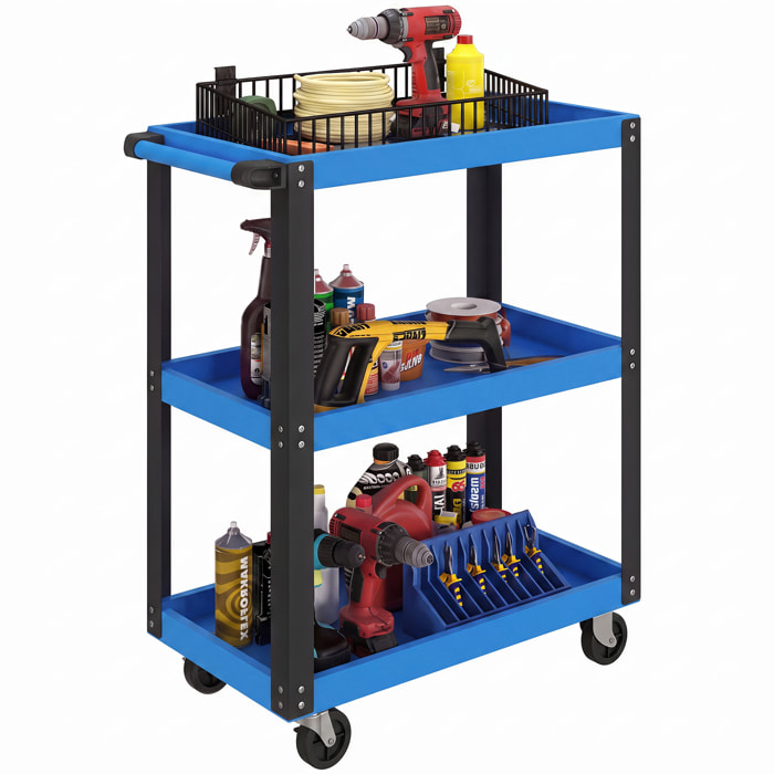 HOMCOM Carro de Taller, Carro de Herramientas con 3 Estantes, Ruedas con Frenos y Asa Lateral, para Garaje Mecánico, Hogar, Carga 120 kg, Azul
