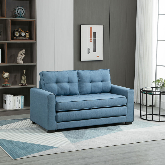 Canapé convertible 2 places design contemporain assise dossier capitonnés polyester aspect lin bleu