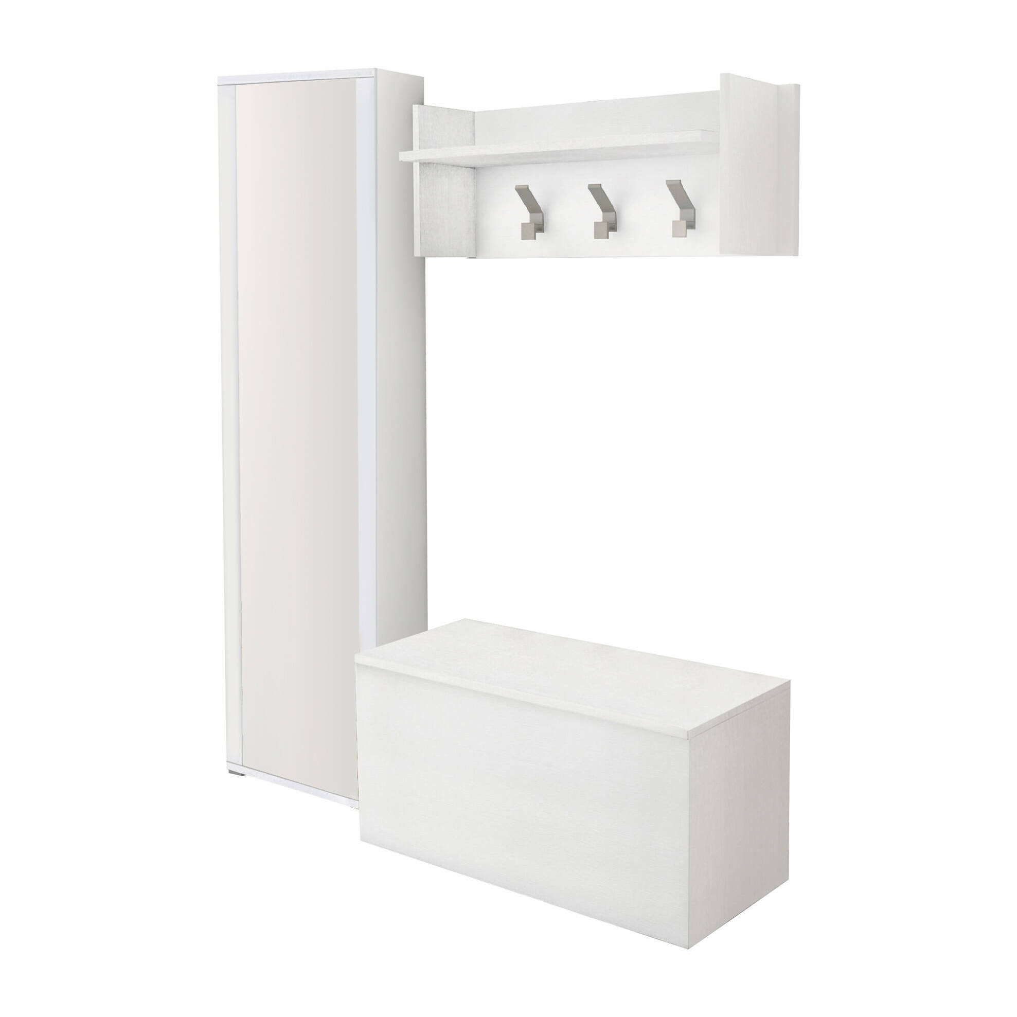 Mobile da ingresso Tanzanite, Entratina moderna con appendiabiti, Mobile con scarpiera, Armadietto con specchio, Cm 50x32h182, Bianco