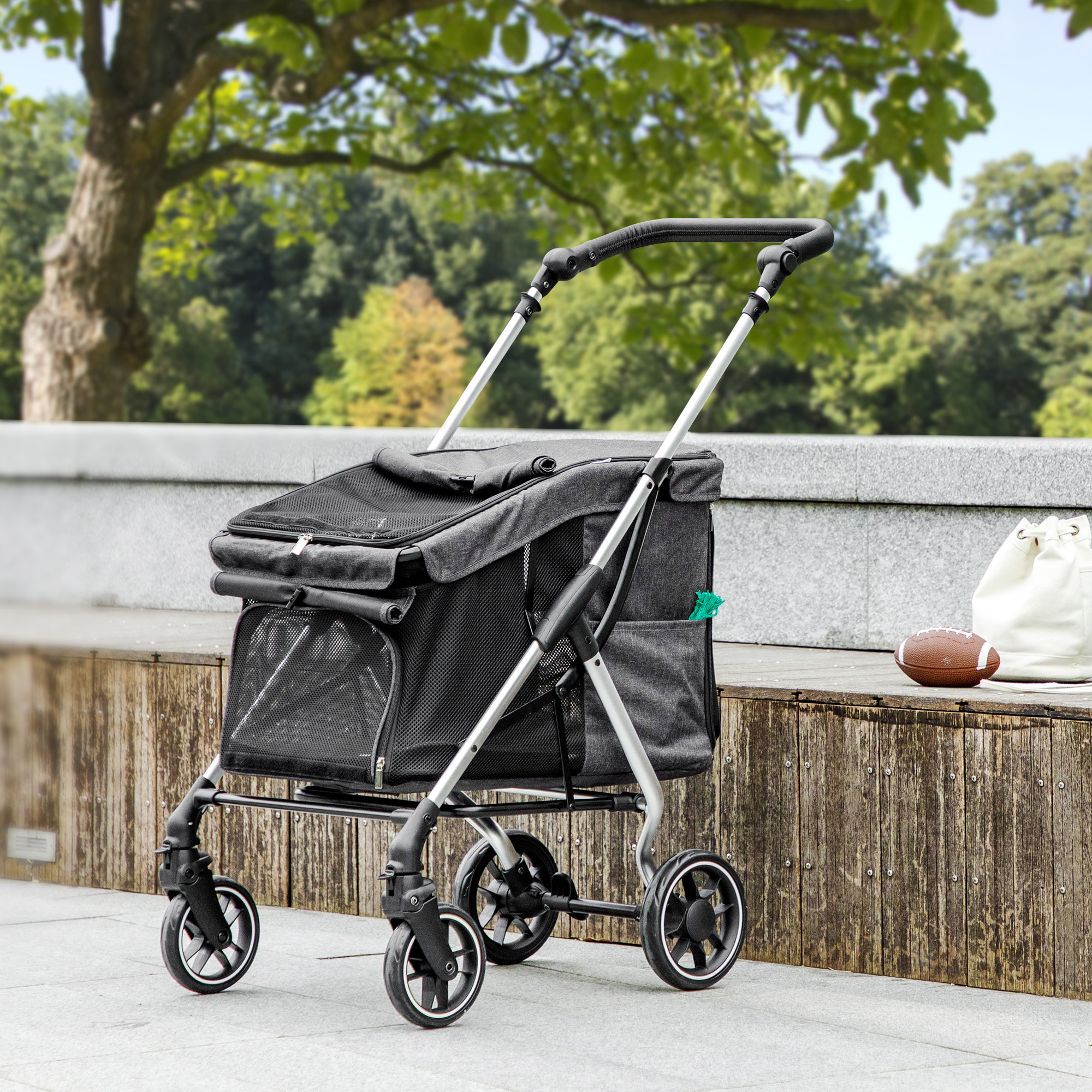 Poussette buggy chien 4 roues pliable - nombreux équipements - alu oxford gris