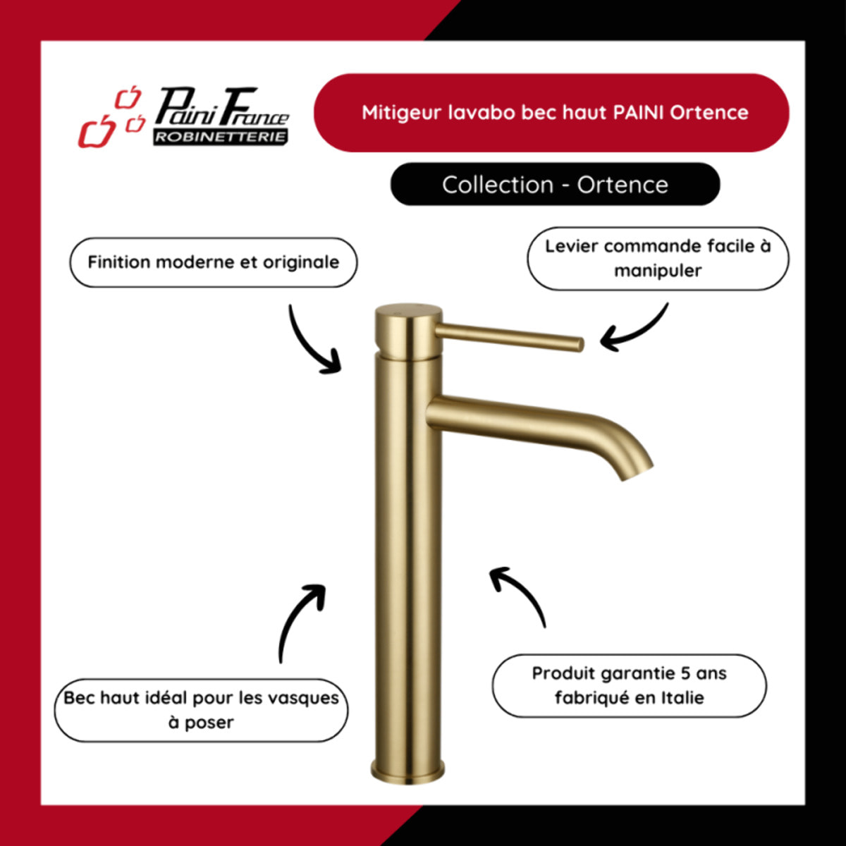 Mitigeur lavabo bec haut PAINI Ortence laiton brossé