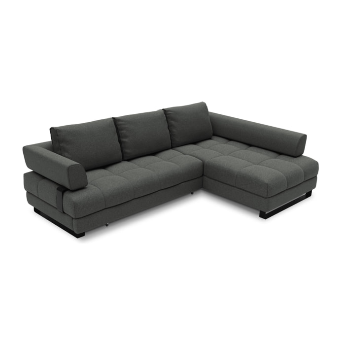 Canapé d'angle droit convertible avec coffre de rangement "Clinton" 5 places en tissu structurel gris foncé
