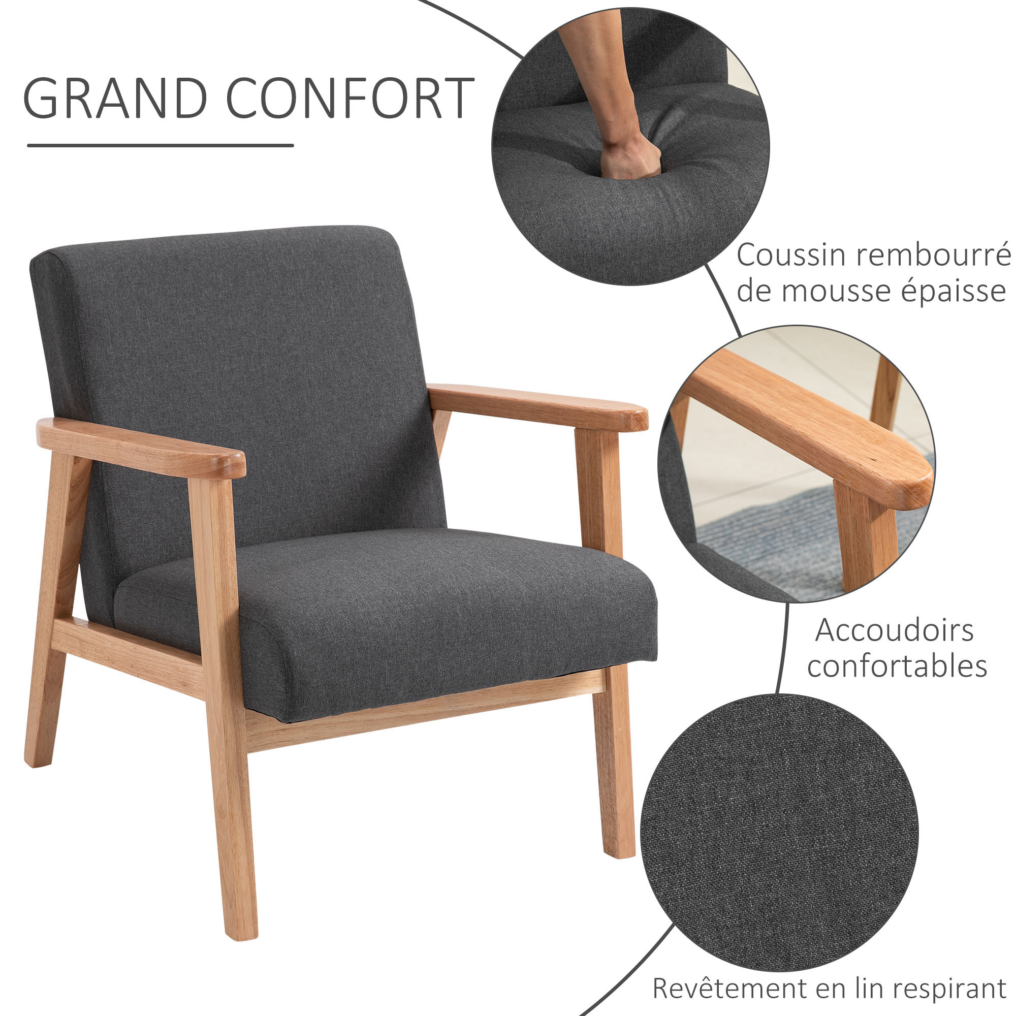 Fauteuil lounge style néo-rétro assise dossier ergonomique accoudoirs structure bois hévéa revêtement lin gris foncé