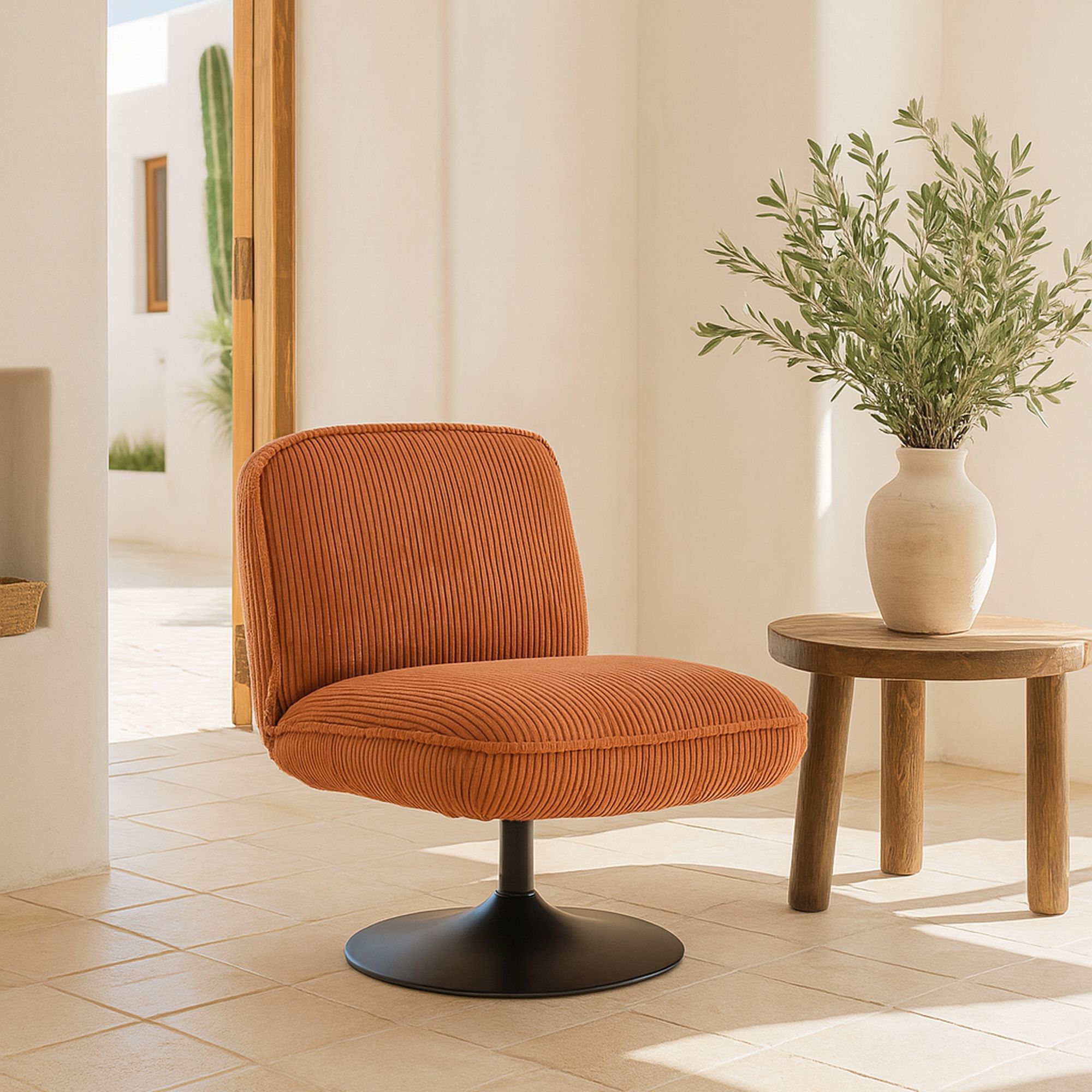 Fauteuil pivotant en velours terracotta et pied en métal noir FUNKY