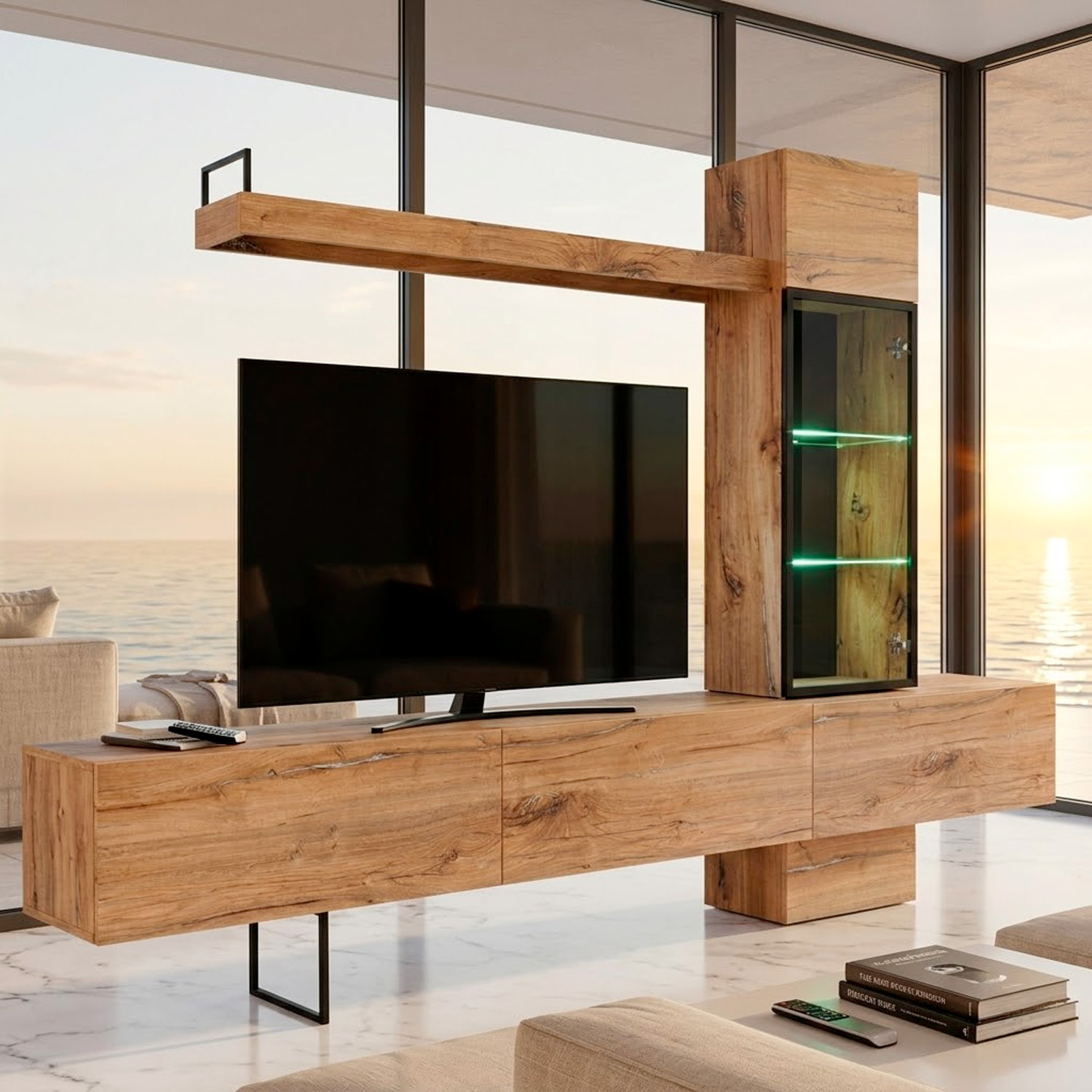 Parete Attrezzata Soggiorno Mobile Tv Colonna Vetrina Led Mensola Moderno Living Arredo Casa Contenitore Resistente Salvaspazio 240x 170x 40 Cm Rovere