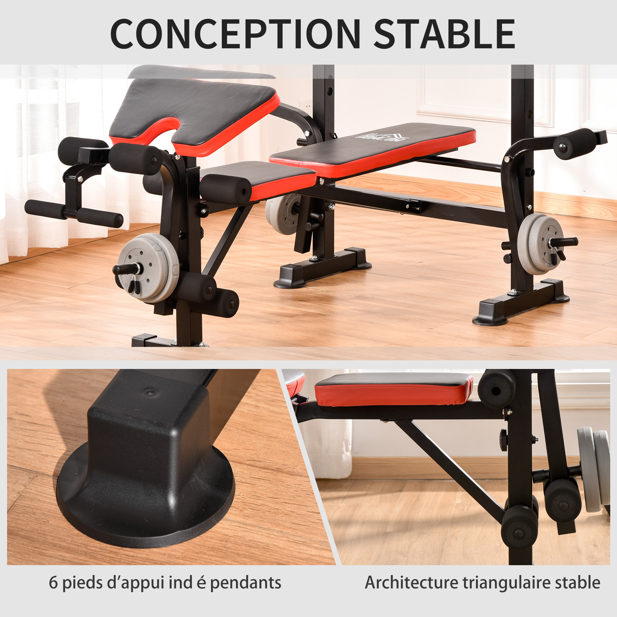 Banc de musculation Fitness entrainement complet avec support d'haltères dossier réglable acier noir rouge
