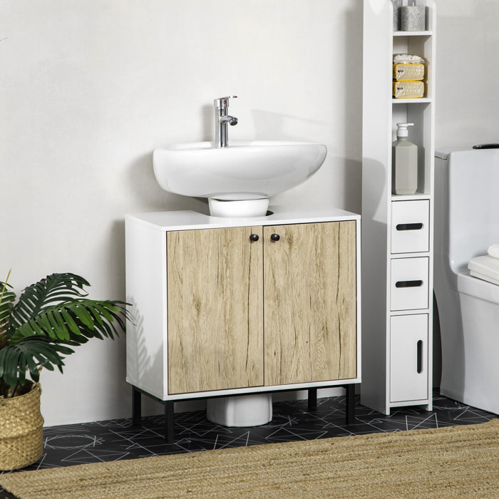 Meuble salle de bain - meuble sous-vasque - 2 portes, étagère réglable - piètement acier noir panneaux aspect chêne clair blanc