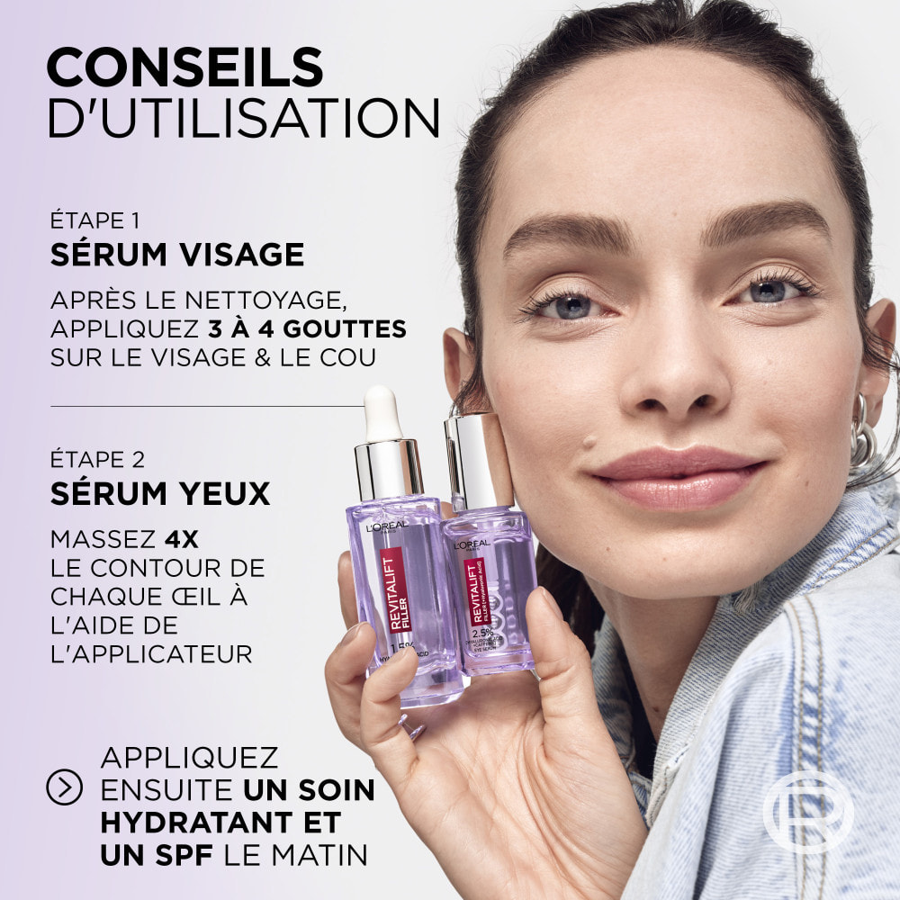 L'Oréal Paris Revitalift Filler Routine Anti-Âge Repulpante : Sérum Anti-rides 1.5% Acide Hyaluronique Pur 30ml, Sérum Yeux à l