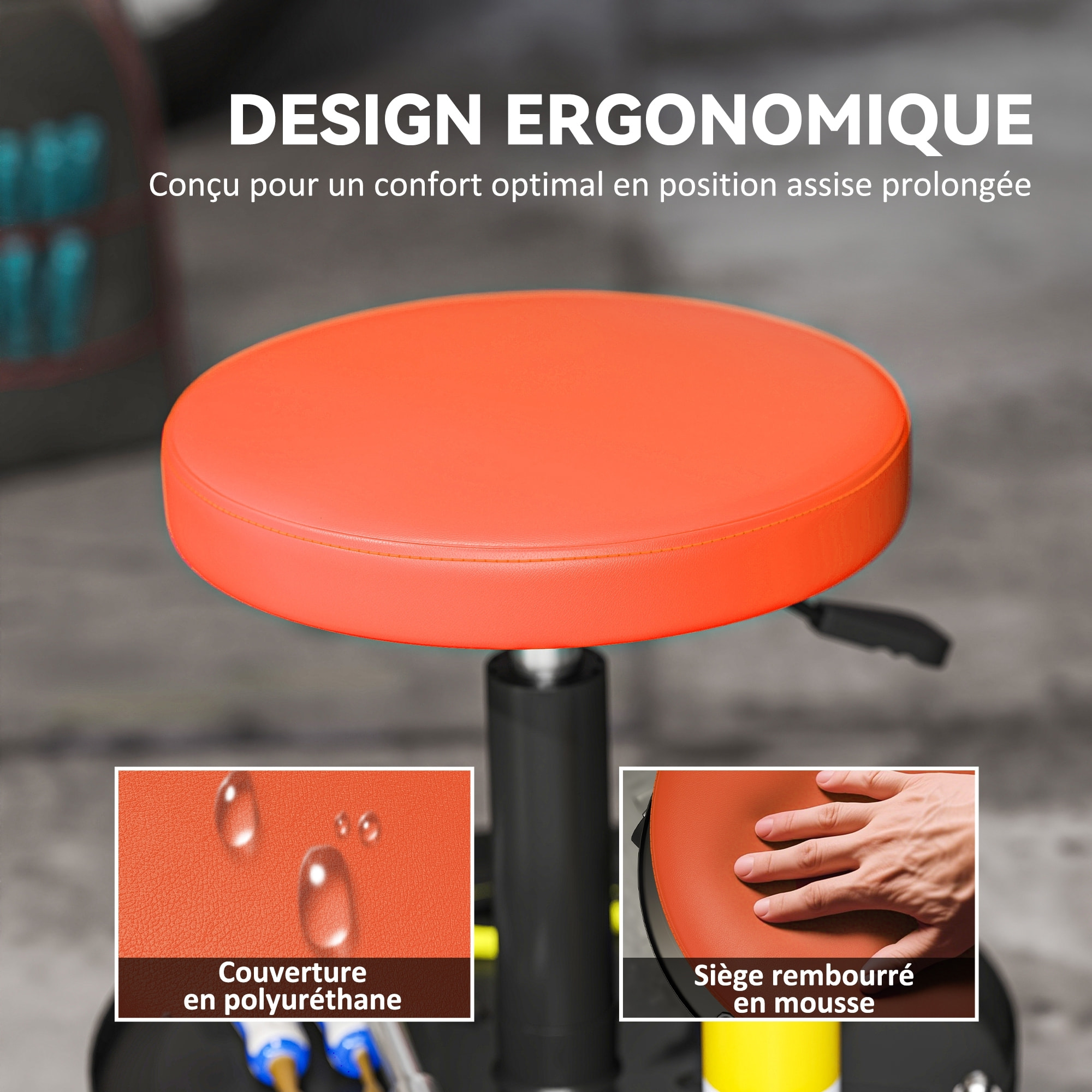 Tabouret d'atelier mobile - tabouret de mécanicien - pivotant réglable H.38-50 cm, plateau outils - orange