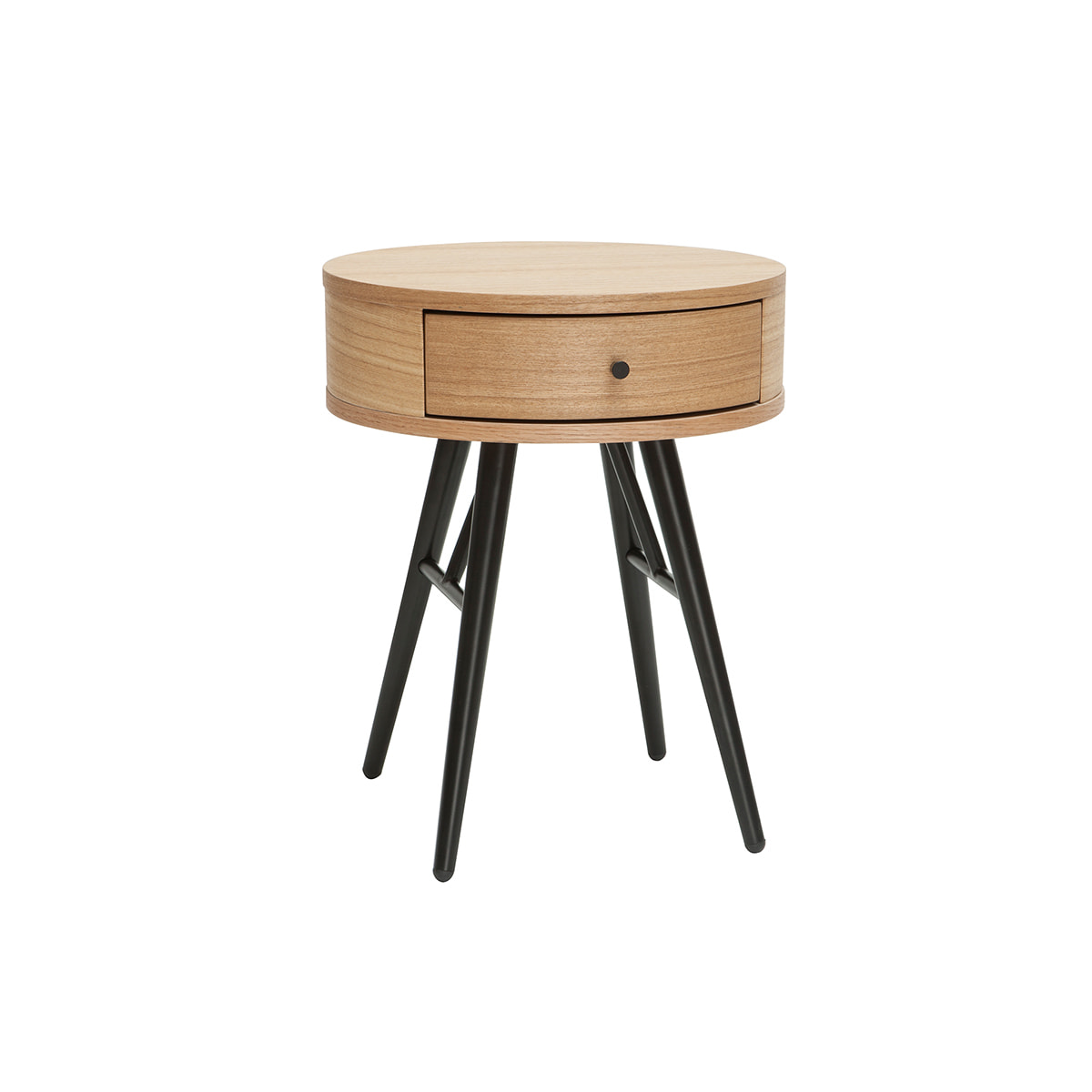 Table de chevet ronde avec tiroir bois clair et métal noir KORAL