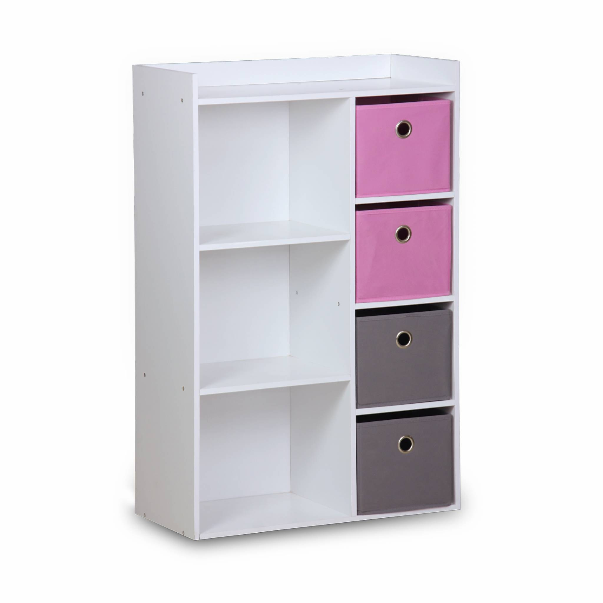 Meuble de rangement pour enfant. blanc - Camille - avec 7 compartiments et 4 paniers gris et roses