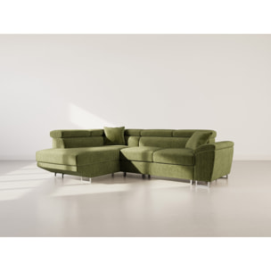 Baoji - Canapé d'angle gauche 5 places convertible avec têtières et coffre en velours côtelé - Vert