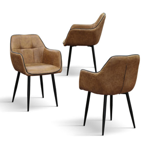 Set di 2 sedie PARIGI in ecopelle cammello e gambe in metallo nero, con braccioli