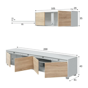 Parete attrezzata Savannah, Mobile da soggiorno porta TV, Composizione set salotto, Set salotto con pensile, cm 200x41h43, Bianco e Rovere