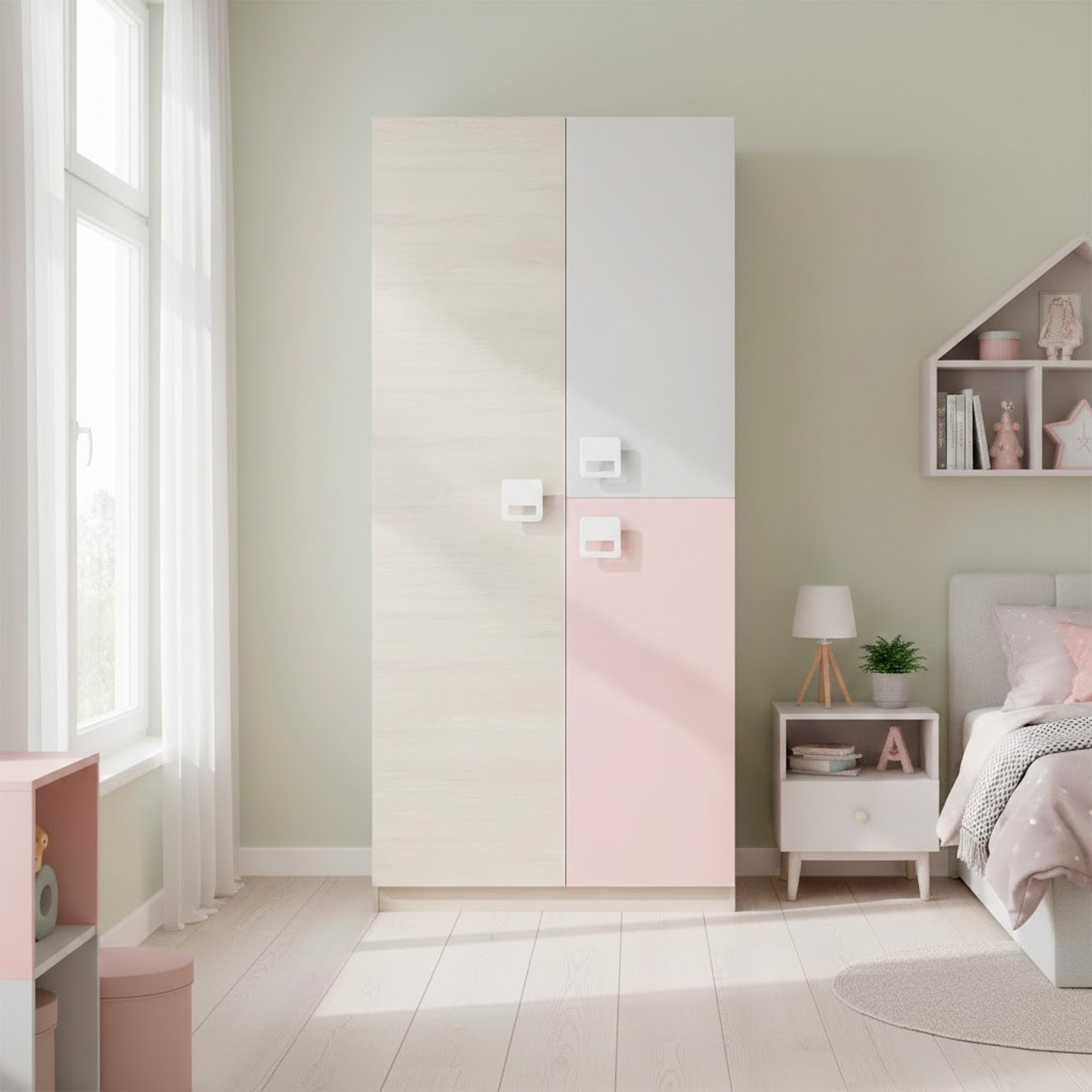 Armadio Giovanile A 3 Ante Armadietto Per Cameretta Ragazzi Con Barra Appendiabiti E 3 Ripiani Mobile Camera 200x52x90 Cm Bianco Alpi, Grigio E Rosa