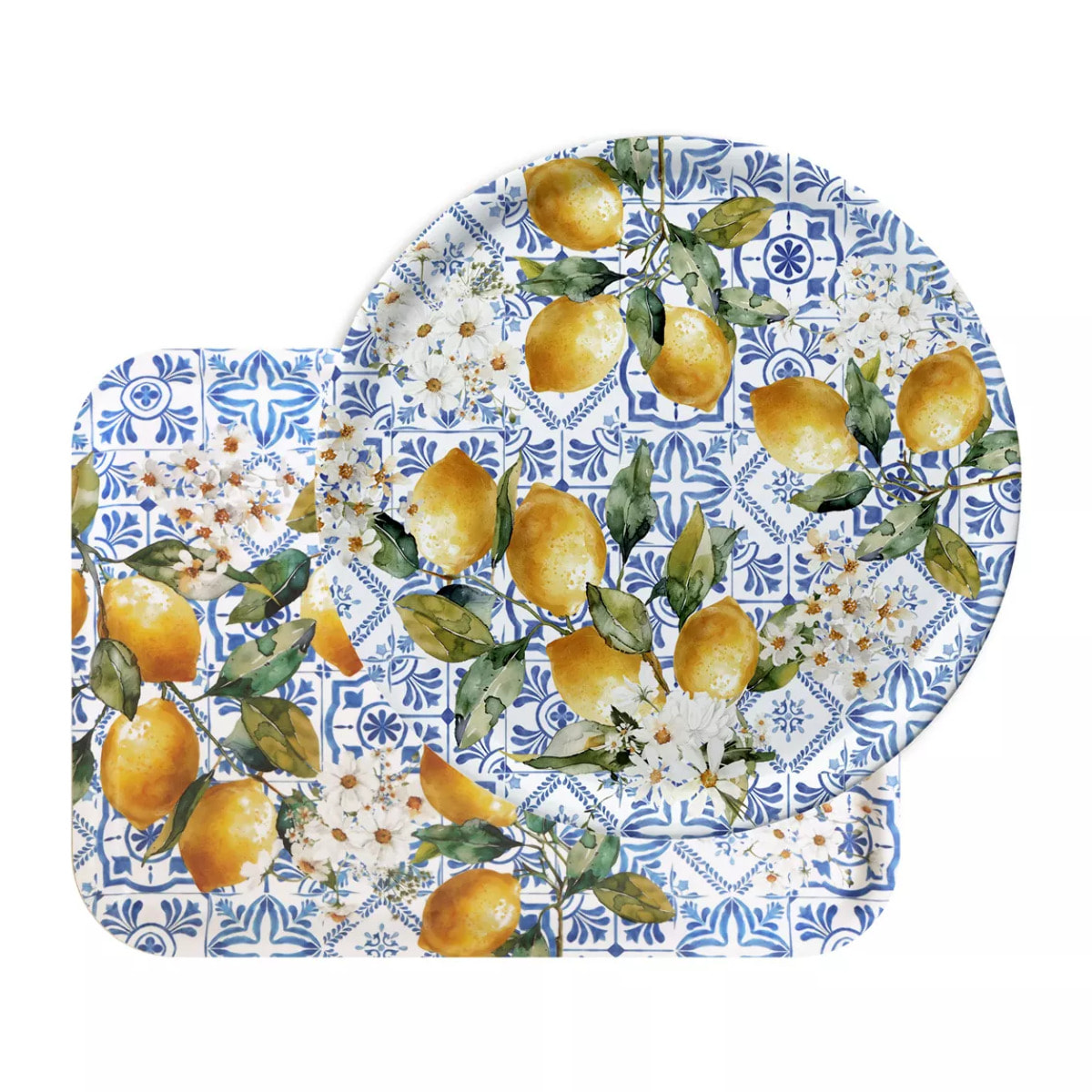 Plateau bois imprimé jaune vert Citrons azulejos bleu