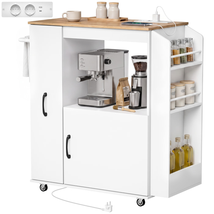 HOMCOM Carrito de Cocina con Ruedas y Estación de Carga, Carro de Cocina Rodante con Armario, Organizador Extraíble, Especiero y Barra de Toallas para Comedor o Salón, 80x40x88 cm, Blanco