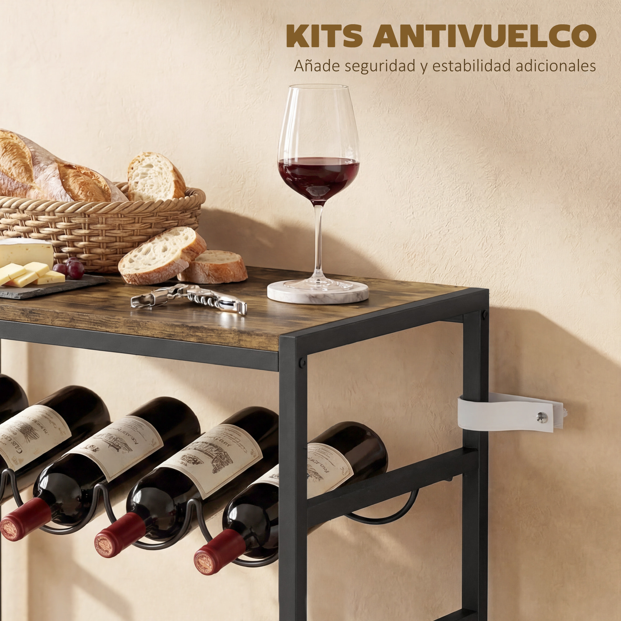 Botellero para 30 Botellas, Botellero para Vino de 6 Niveles con Encimera de Efecto Madera, Estilo Industrial, para Cocina, Comedor, Bar, 59x30x88,5 cm, Marrón Rústico