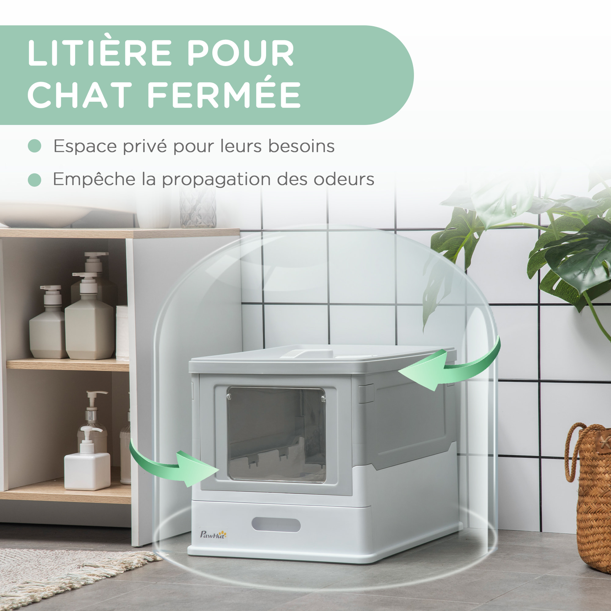 Maison de toilette pliable pour chat - tiroir à litière coulissant, porte battante et trappe transparente, pelle - blanc gris