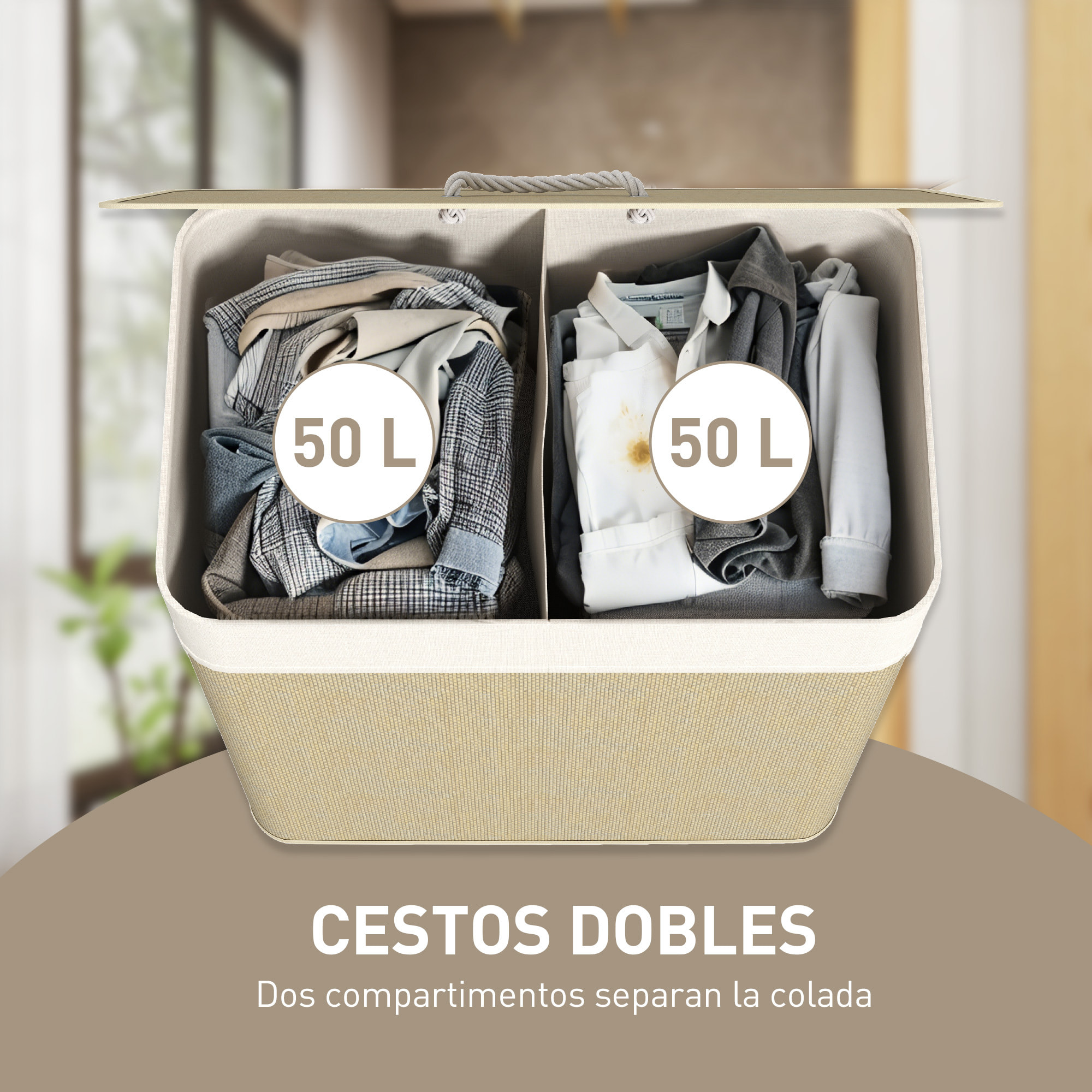 Cesto de Ropa Sucia con Tapa 100L Cesta Colada de Bambú con 2 Compartimentos Bolsa Interior Extraíble para Lavandería Dormitorio 52x32x63 cm Natural