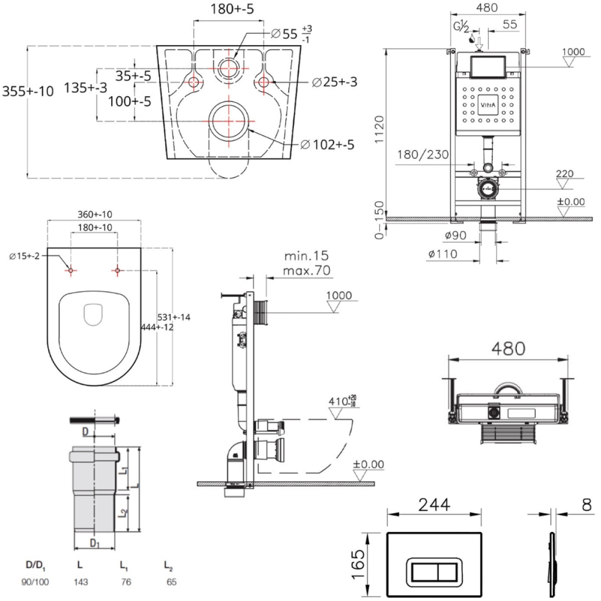 Pack WC Bâti-support V-Fix Core + WC sans bride SAT Brevis + Plaque, Blanc brillant (V-FixBrevis-1)