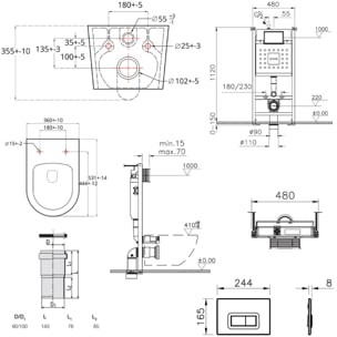 Pack WC Bâti-support V-Fix Core + WC sans bride SAT Brevis + Plaque, Blanc brillant (V-FixBrevis-1)