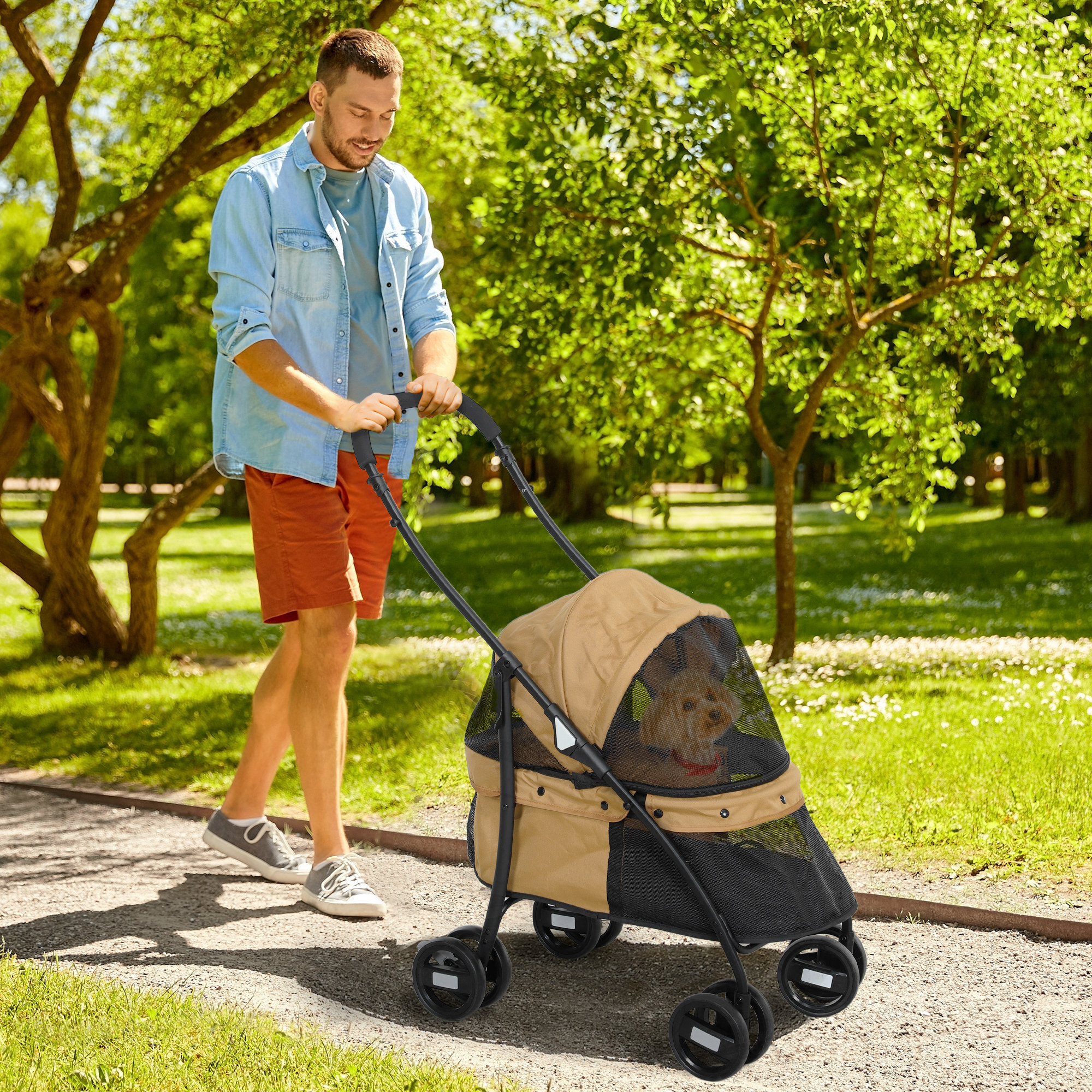 PawHut Carrito para Perros Plegable Cochecito para Mascotas Cochecito para Perros Pequeños con Ventanas de Malla Cojín Lavable Correas de Seguridad y Marco de Acero Café