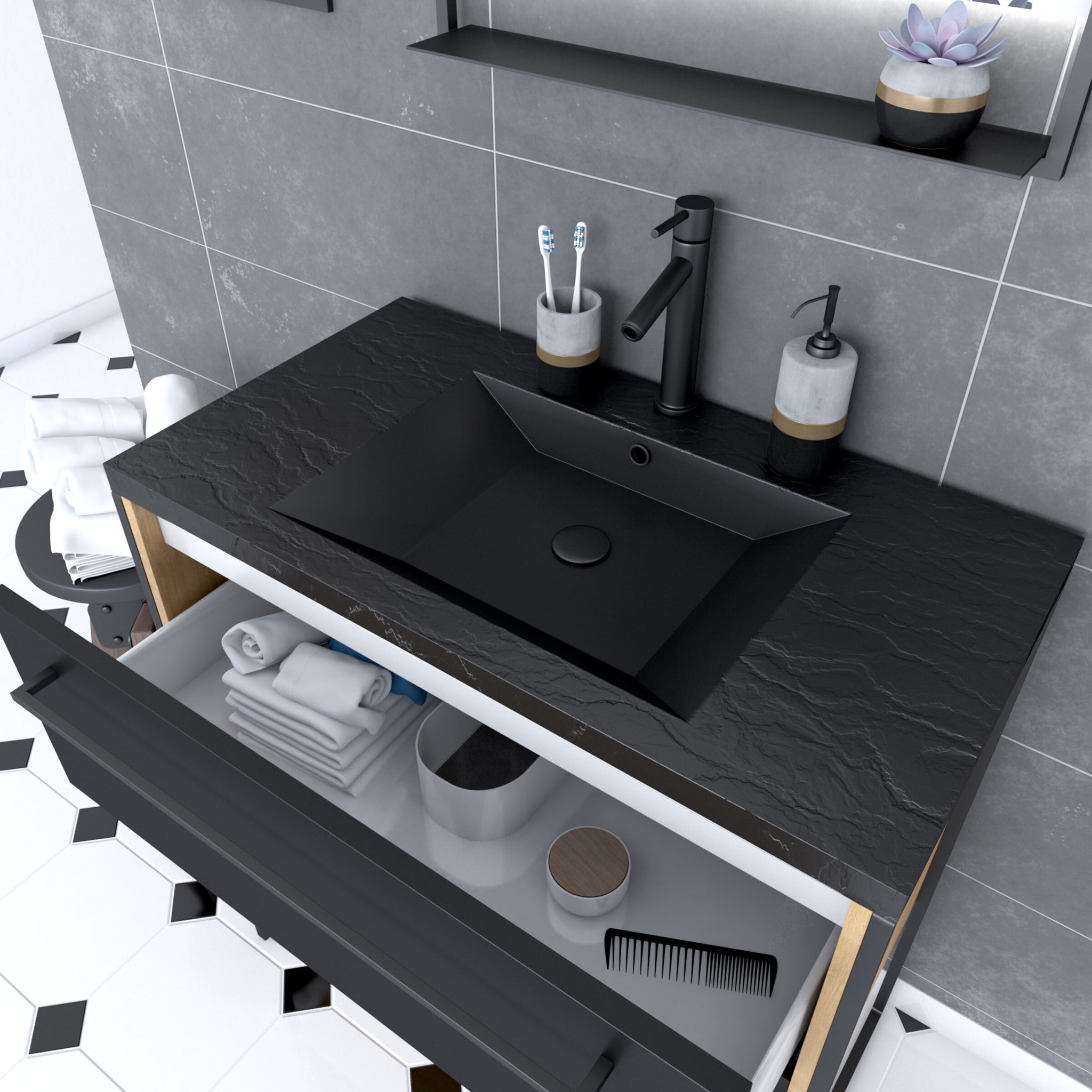 Meuble de salle de bain 80x50cm chene brun - 2 tiroirs noir mat - vasque resine noire effet pierre