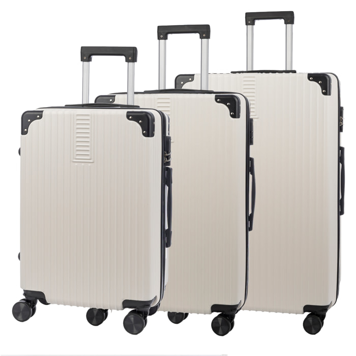 Juego de 3 maletas Trolley, en material ligero ABS de alta resistencia con esquinas reforzadas. Cerradura numérica y 4 ruedas dobles extraíbles y giratorias 360°.