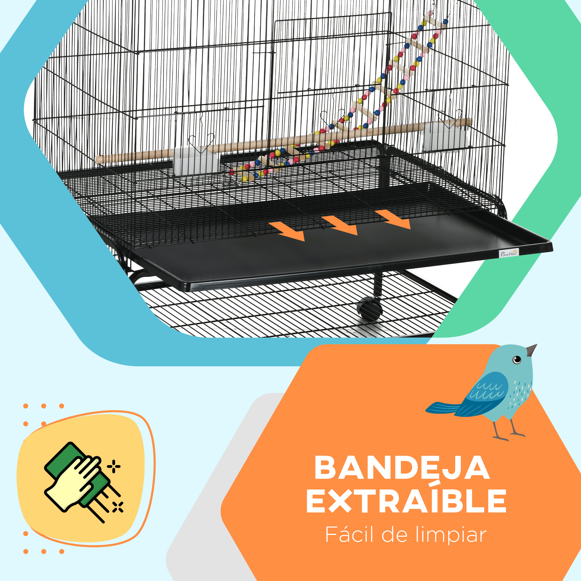 Jaula para Pájaros, Jaula Grande con Ruedas, Comederos, Perchas, Estante Inferior, Bandeja Extraíble, Pajarera, Columpio y Escalera para Loros, Canarios, 97x58x160 cm, Negro