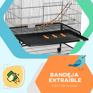 Jaula para Pájaros, Jaula Grande con Ruedas, Comederos, Perchas, Estante Inferior, Bandeja Extraíble, Pajarera, Columpio y Escalera para Loros, Canarios, 97x58x160 cm, Negro