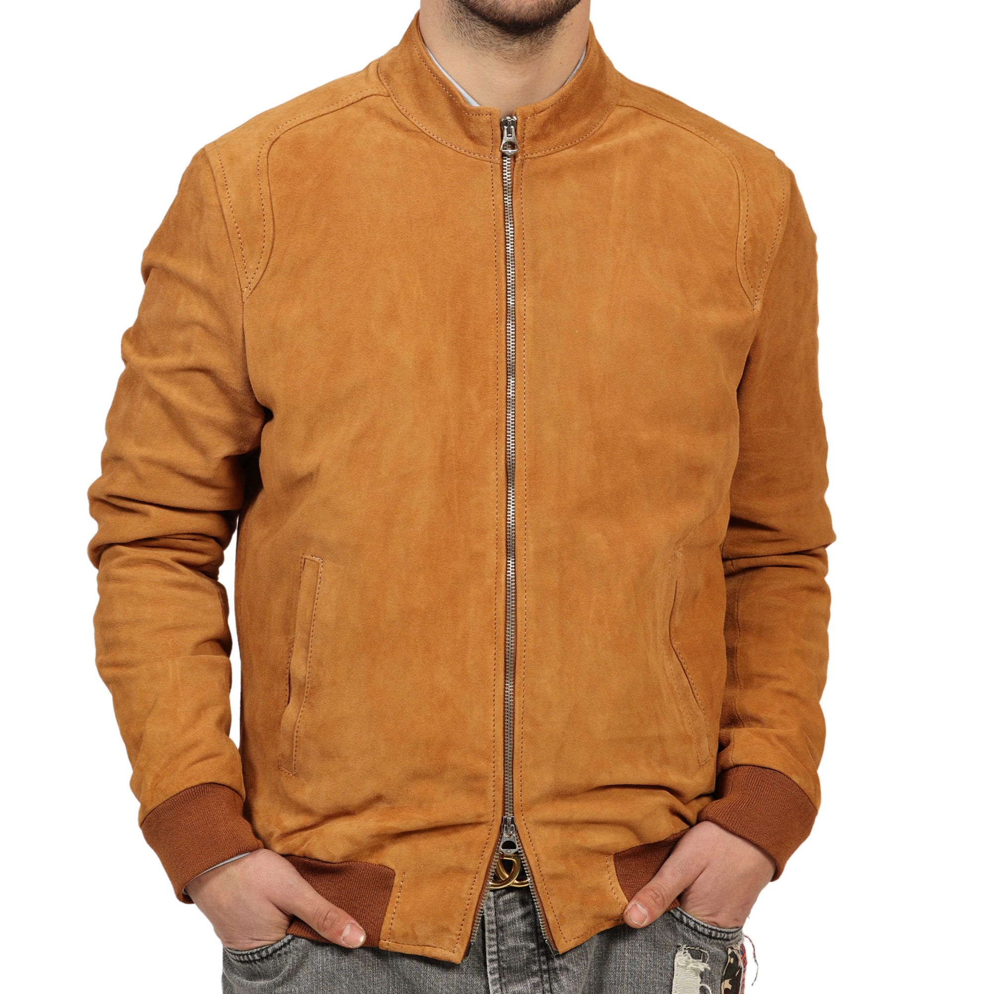 Giubbino in vera pelle di vitello scamosciata Cognac-Slim Fit