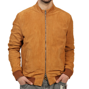 Giubbino in vera pelle di vitello scamosciata Cognac-Slim Fit