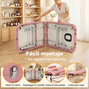 Camilla Masaje Plegable Portátil Camilla Estética Profesional de Aluminio de 3 Zonas con Respaldo Altura Ajustable 9 Niveles Reposacabezas Extraíble Reposabrazos Bolsa para Spa 215x81 cm Rosa