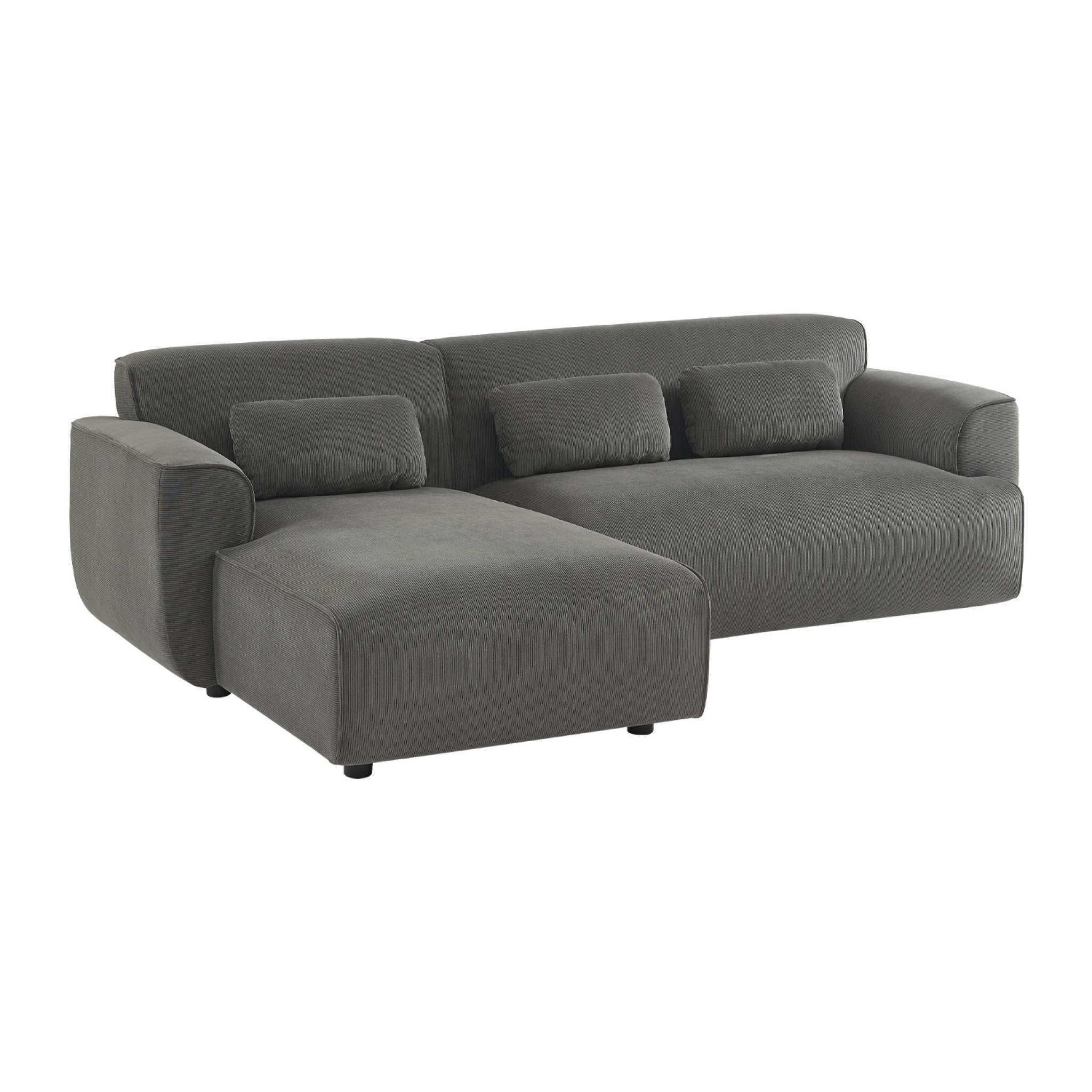 Canapé d'angle gauche. 2 à 3 places. velours côtelé gris. Wallas L 196 x P 151 / 91 / x H 73cm