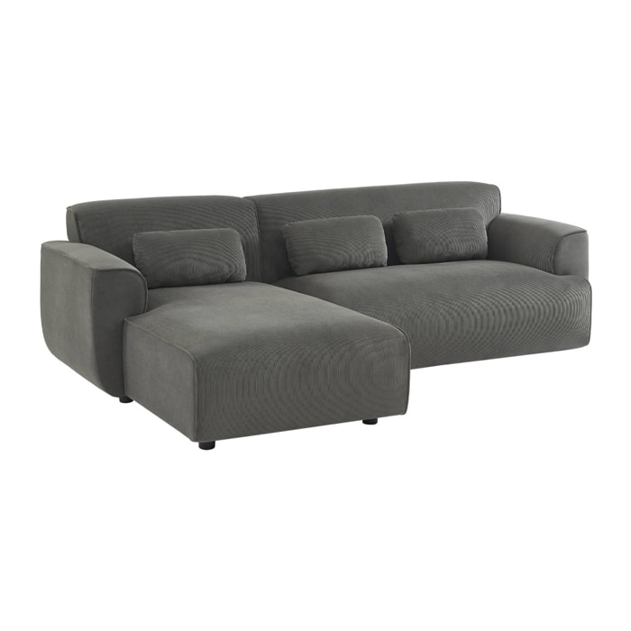 Canapé d'angle gauche. 2 à 3 places. velours côtelé gris. Wallas L 196 x P 151 / 91 / x H 73cm