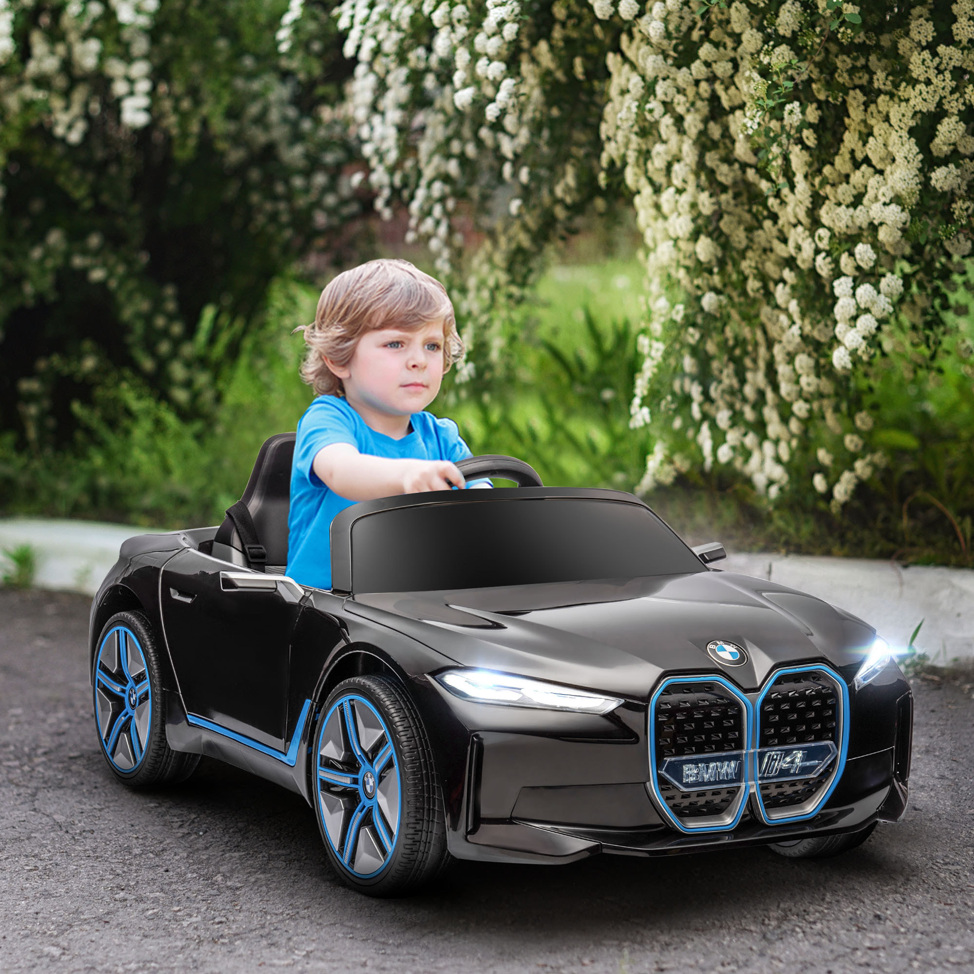 Coche Eléctrico para Niños 37-72 Meses Autorización BMW I4 Coche de Batería 12V con Control Remoto Música MP3 Pantalla Luces y Cinturón de Seguridad 115x67x45 cm Negro