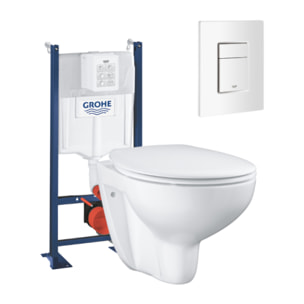 Pack WC suspendu sans bride GROHE Bau ceramic + Bâti support + abattant + plaque carré blanc alpin