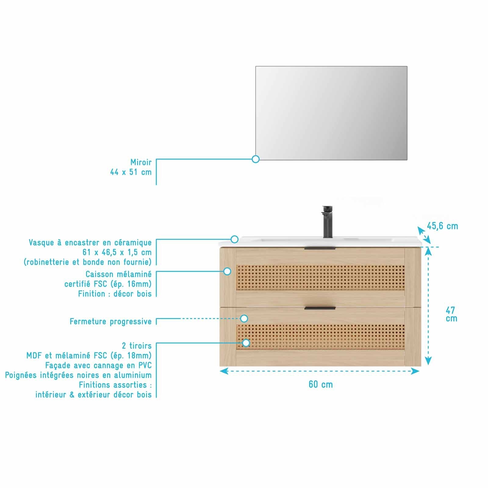 Meuble salle de bain cannage Apolline 60cm décor bois et cannage - 2 tiroirs, vasque et miroir
